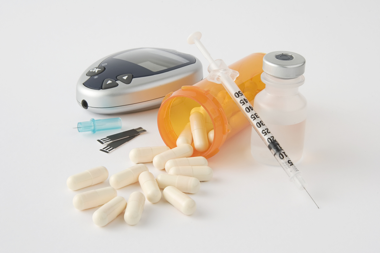 Photograph of various treatments and tools for diabetes.