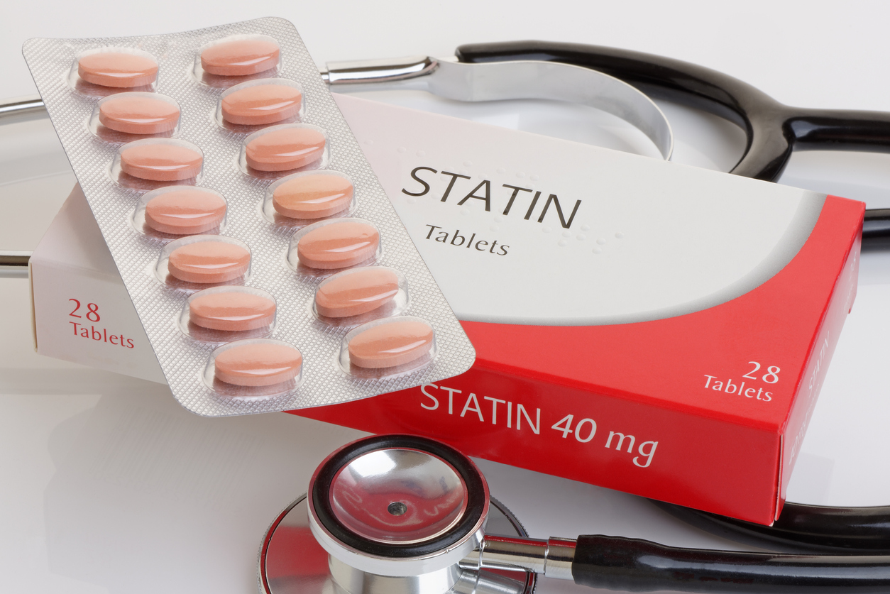 A box of statins and a stethoscope.