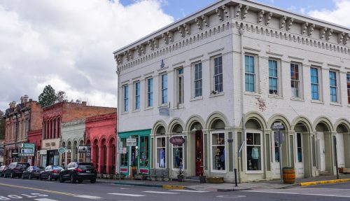 The Downtown Historic District of Jacksonville, Oregon with brick buildings with 1874 Masonic Lodge
