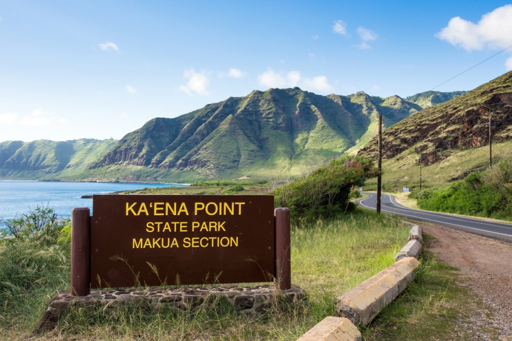 A view of a sign for Ka'ena State Park in Hawaii