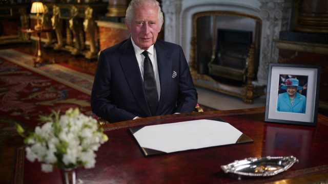 Britain's King Charles III makes a televised address to the Nation and the Commonwealth from the Blue Drawing Room at Buckingham Palace in London.