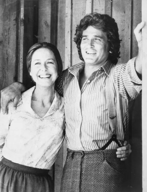 Karen Grassle and Michael Landon on the set of "Little House on the Prairie"