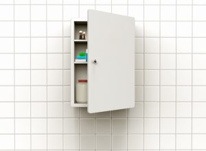 3D rendering of a medicine cabinet with open door on a tiled wall
