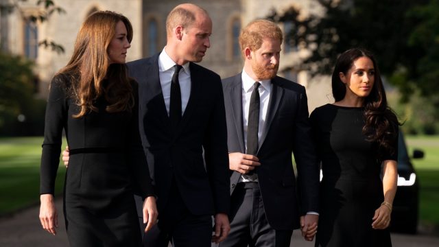 Catherine, Princess of Wales, Prince William, Prince of Wales, Prince Harry, Duke of Sussex, and Meghan, Duchess of Sussex on the long Walk at Windsor Castle.
