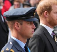Prince William, and Prince Harry follow the coffin of Queen Elizabeth II as it is pulled on a gun carriage through the streets of London following her funeral service at Westminster Abbey in central London Monday
