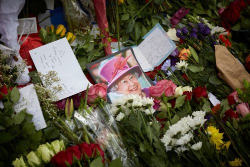 Tributes, cards, messages, flowers and gifts left for Her Majesty Queen Elizabeth II in Green Park and around Buckingham Palace following her 70 year reign.