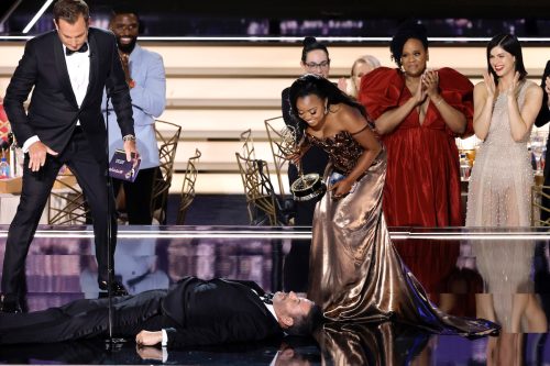 Will Arnett, Jimmy Kimmel, and Quinta Brunson on stage at the 2022 Emmys