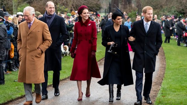 Prince Charles, Prince of Wales with Prince William, Duke of Cambridge, and Catherine, Duchess of Cambridge, Prince Harry, Duke of Sussex and Meghan, Duchess of Sussex attend Christmas Day Church service at Church of St Mary Magdalene on the Sandringham estate