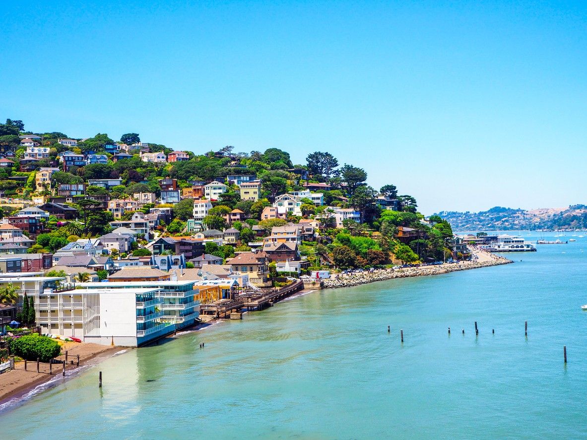 Sausalito near San Francisco in California, a view of the houses on a hill overlooking the ocean.