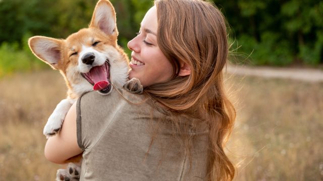 Close up of a young woman with a corgi puppy with a nature background