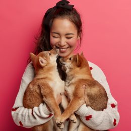 A young brunette woman wearing a sweater with hearts on it hugs her two puppies against a pink background.