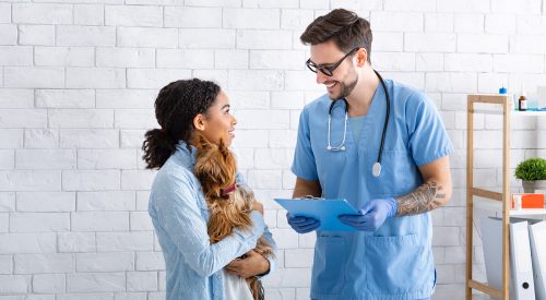 A woman holding her dog while talking to a veterinarian with a clipboard