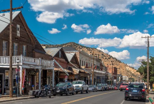 Wooden houses along Main Street in the old Western town of Virginia City, Nevada.