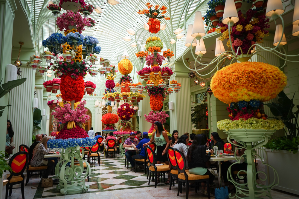 The dining room for the Wynn buffet in Las Vegas decked out in colorful flowers