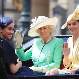 The Duke and Duchess of Sussex with the Duchess of Cambridge and the Duchess of Cornwall make their way along The Mall to Horse Guards Parade, in London
