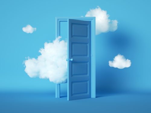 blue door with clouds left ajar