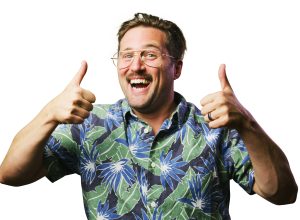 man with glasses and Hawaiian shirt giving a thumbs up