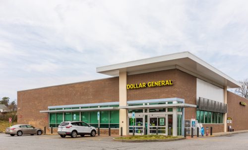 Dollar General store with architectural awning over entrance.