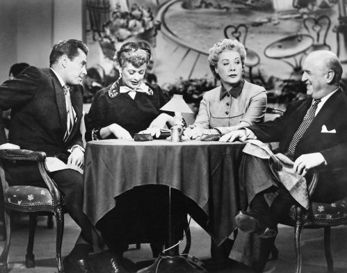 Desi Arnaz, Lucille Ball, Vivian Vance, and William Frawley filming "I Love Lucy"