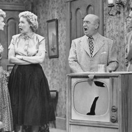 Lucille Ball, Vivian Vance, William Frawley, and Desi Arnaz filming "I Love Lucy"
