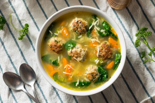 Homemade Italian Wedding Soup with Spinach and Meatballs