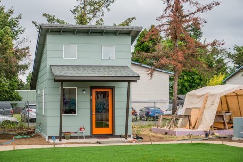 Tiny House Transitional village in Eugene Oregon. Emerald Village square one housing. A community of colorful tiny houses being built to help transition the homeless community.