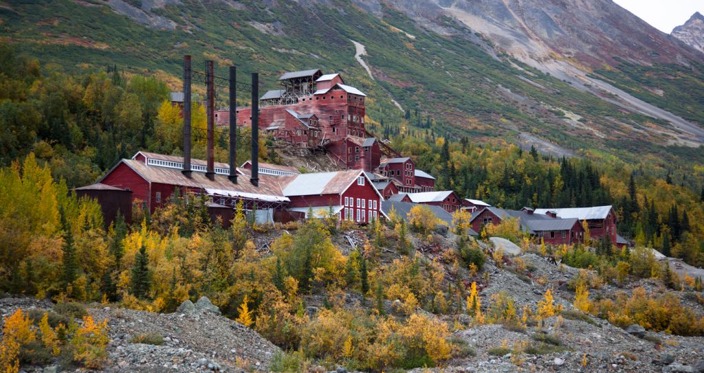 A wide angle shot of an old copper mine in Kennecott, Alaska