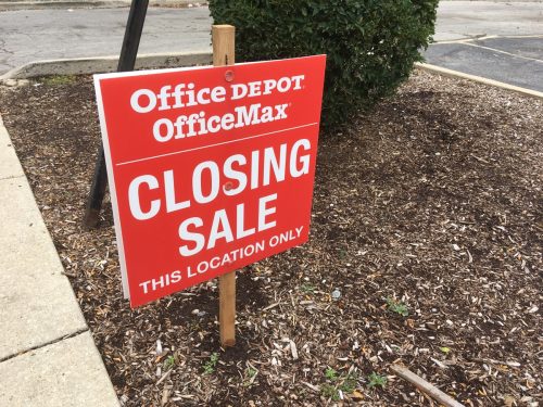 Office Depot Office Max store closing sale sign at this location only at 352 W Grand Avenue on September 28, 2020