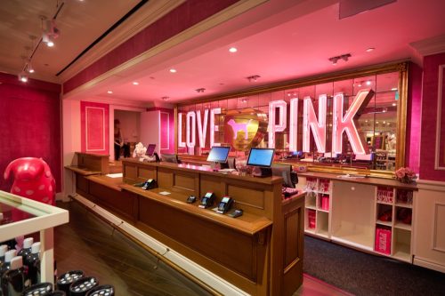 interior shot of Victoria's Secret store. Victoria's Secret is an American designer, manufacturer, and marketer of women's lingerie, womenswear, and beauty products.