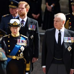 Princess Anne, Princess Royal, Prince Andrew, Prince Harry, Duke of Sussex during the State Funeral of Queen Elizabeth II at Westminster Abbey.