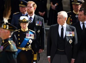 Princess Anne, Princess Royal, Prince Andrew, Prince Harry, Duke of Sussex during the State Funeral of Queen Elizabeth II at Westminster Abbey.