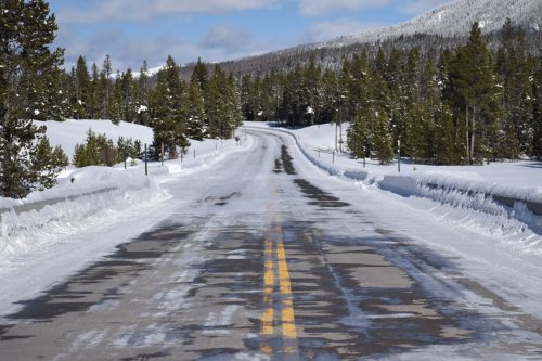 icy road at yellowstone national park