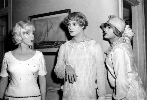 Marilyn Monroe, Jack Lemmon, and Tony Curtis filming "Some Like It Hot"