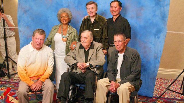 Nichelle Nichols, Walter Koenig, George Takei, William Shatner, James Doohan, and Leonard Nimoy at the James Doohan Farewell Star Trek Tribute in 2004