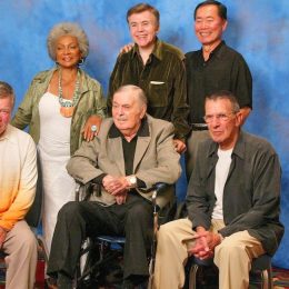 Nichelle Nichols, Walter Koenig, George Takei, William Shatner, James Doohan, and Leonard Nimoy at the James Doohan Farewell Star Trek Tribute in 2004
