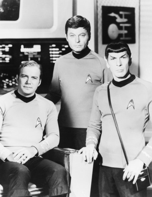 William Shatner, DeForrest Kelley, and Leonard Nimoy in their "Star Trek" costumes circa 1960s