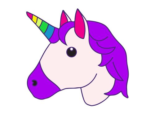 Unicorn emoji with purple hair and rainbow horn
