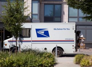 Detail of the US mail delivery truck in New York. US postal servise as independent agnecy was formed in 1971.
