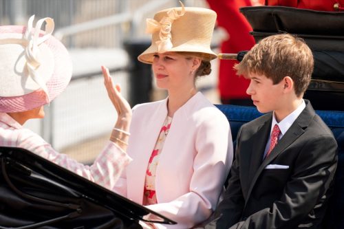 Britain's Sophie, Countess of Wessex (L), Britain's Lady Louise Windsor (C) and James, Viscount Severn travel in a horse-drawn carriage during the Queen's Birthday Parade, the Trooping the Colour, as part of Queen Elizabeth II's platinum jubilee celebrations, in London