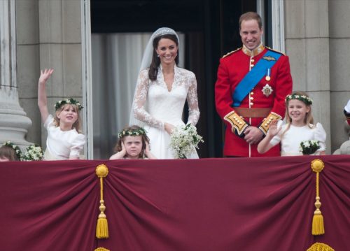 Prince William and his wife Kate Middleton, who has been given the title of The Duchess of Cambridge, on the balcony of Buckingham Palace, London with bridesmaids Margarita Armstrong-Jones (right) and Grace Van Cutsem (middle) and Lady Louise (left), following their wedding at Westminster Abbey.