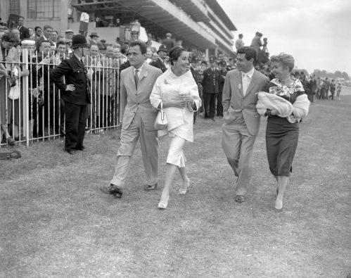 Mike Todd, Elizabeth Taylor, Eddie Fisher, and Debbie Reynolds at the Derby at Epsom in 1957