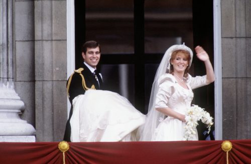 Prince Andrew and Sarah, Duchess of York on the Buckingham Palace balcony on their wedding day in 1986