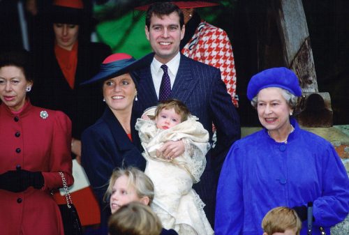 Princess Anne, Sarah, Duchess of York, Prince Andrew, and Queen Elizabeth with Princess Eugenie at her christening in 1990