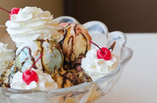 Ice cream sundae in big bowl