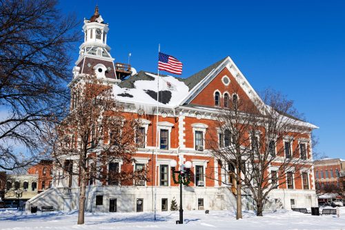 The historic courthouse in Macomb, Illinois covered in snow