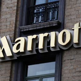 A close up of a sign outside a Marriott Hotel