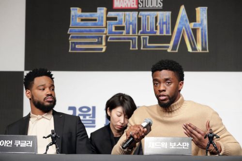 Ryan Coogler and Chawick Boseman at a press conference for the Seoul premiere of "Black Panther" in 2018