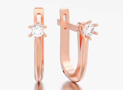 3D illustration rose gold diamond solitaire earrings with hinged lock on a grey background