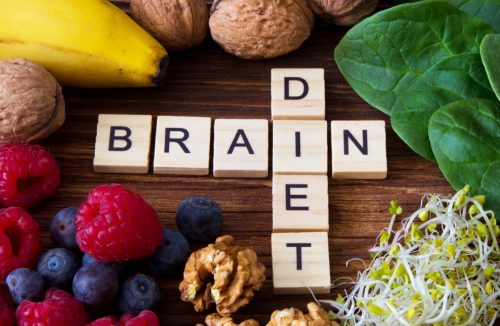 Brain Diet Tiles Next to Fruit and Veggies