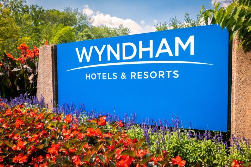 PARSIPPANY, NJ - August 15, 2018: Wyndham Hotels and Resorts headquarters entrance sign.  Wyndham Hotels and Resorts is an international hotel and resort chain based in the United States.